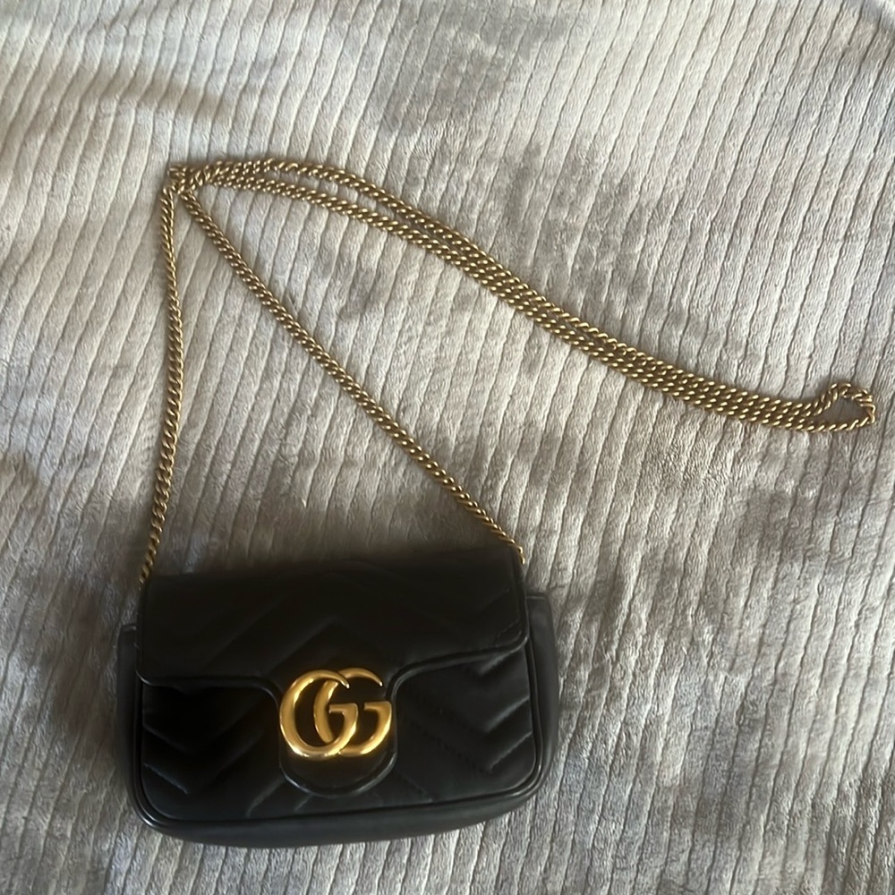 Gucci Calfskin Matelasse Super Mini GG Marmont Shoulder Bag Black.